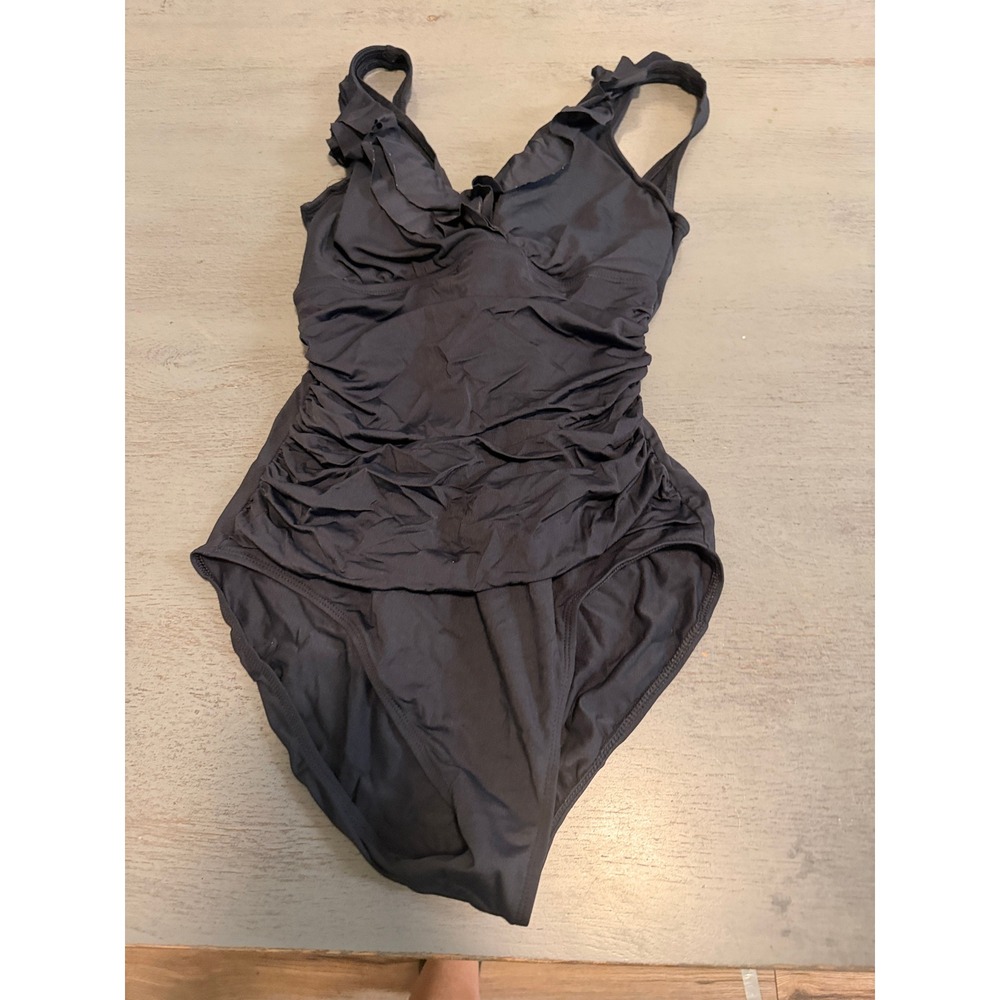 Lauren Ralph Lauren Black Ruched Ruffle Underwire One Piece Swimsuit Size 10